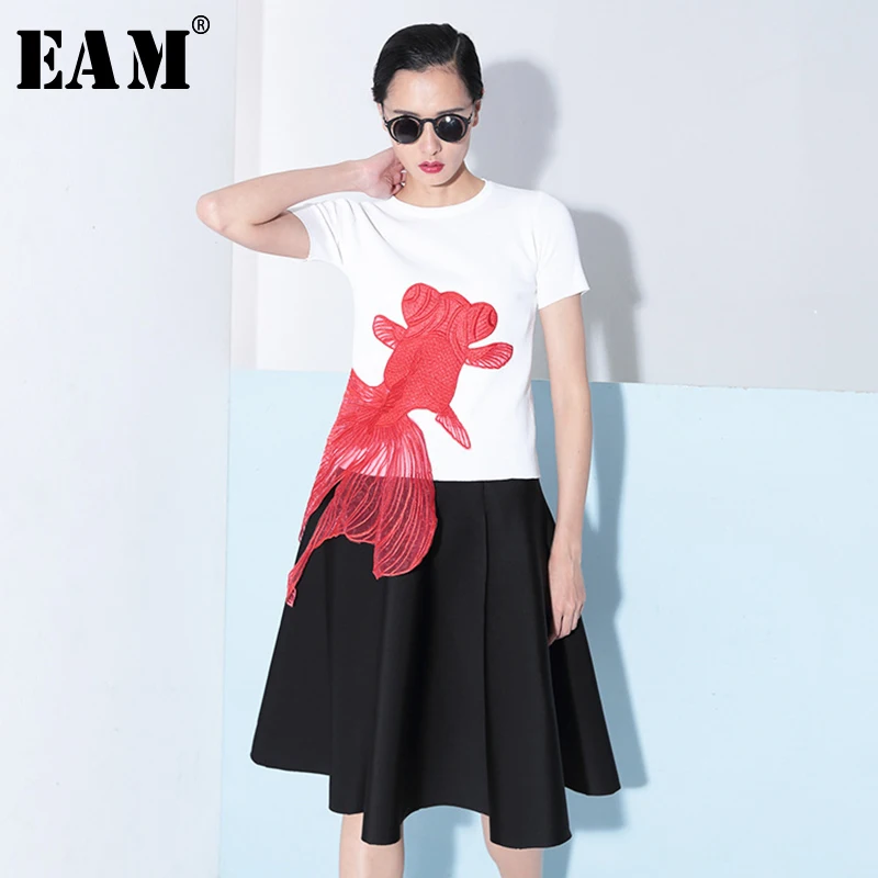 

[EAM] 2019 New Spring Summer Round Neck Short Sleeve Back Red Fish Split Joint Knitting T-shirt Women Fashion Tide JW819