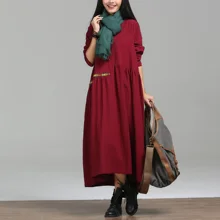 2017 Autumn Vintage Women Long dress Loose Embroidery Full Sleeve Linen Robe Around His Waist Dresses Red Black 9161