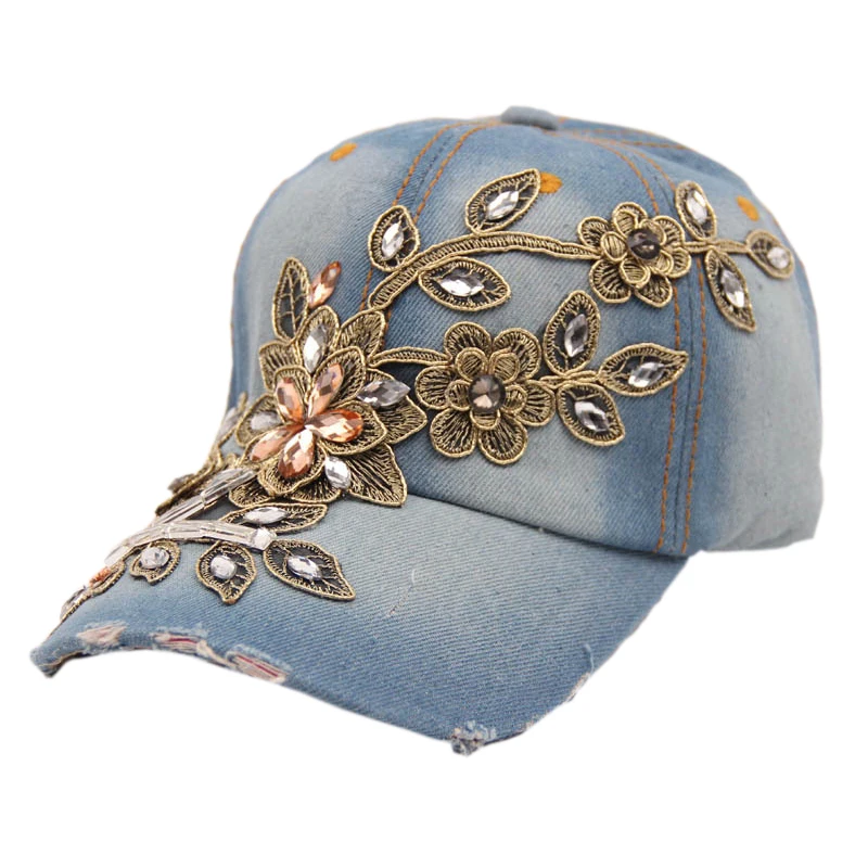 Женская джинсовая шляпа с вышивкой цветы бриллианты|baseball hat cap|snapback capshat cap |