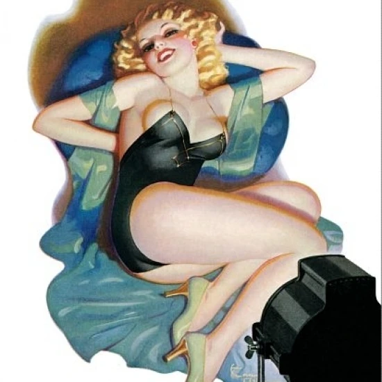 Pinup Girl Blonde Sitting In Front Of A Poster Print (18 x 24)