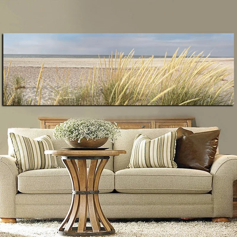 

Wall Canvas Art Seascape Beach Landscape Painting Poster HD Print Sky Island Sand Dunes Tail Grass Wall Pictures For Living Room
