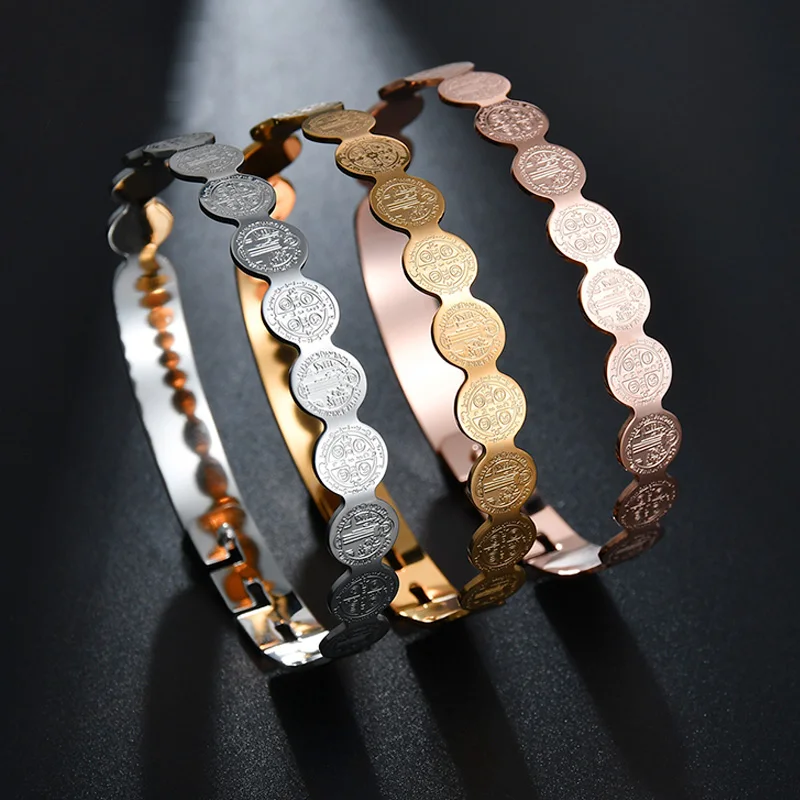 

3 Color Silver Rose Gold Charms Bangle Circle Jesus Cross Stainless Steel Bangle & Bracelet For Women Adjustable Vrouwen Armband