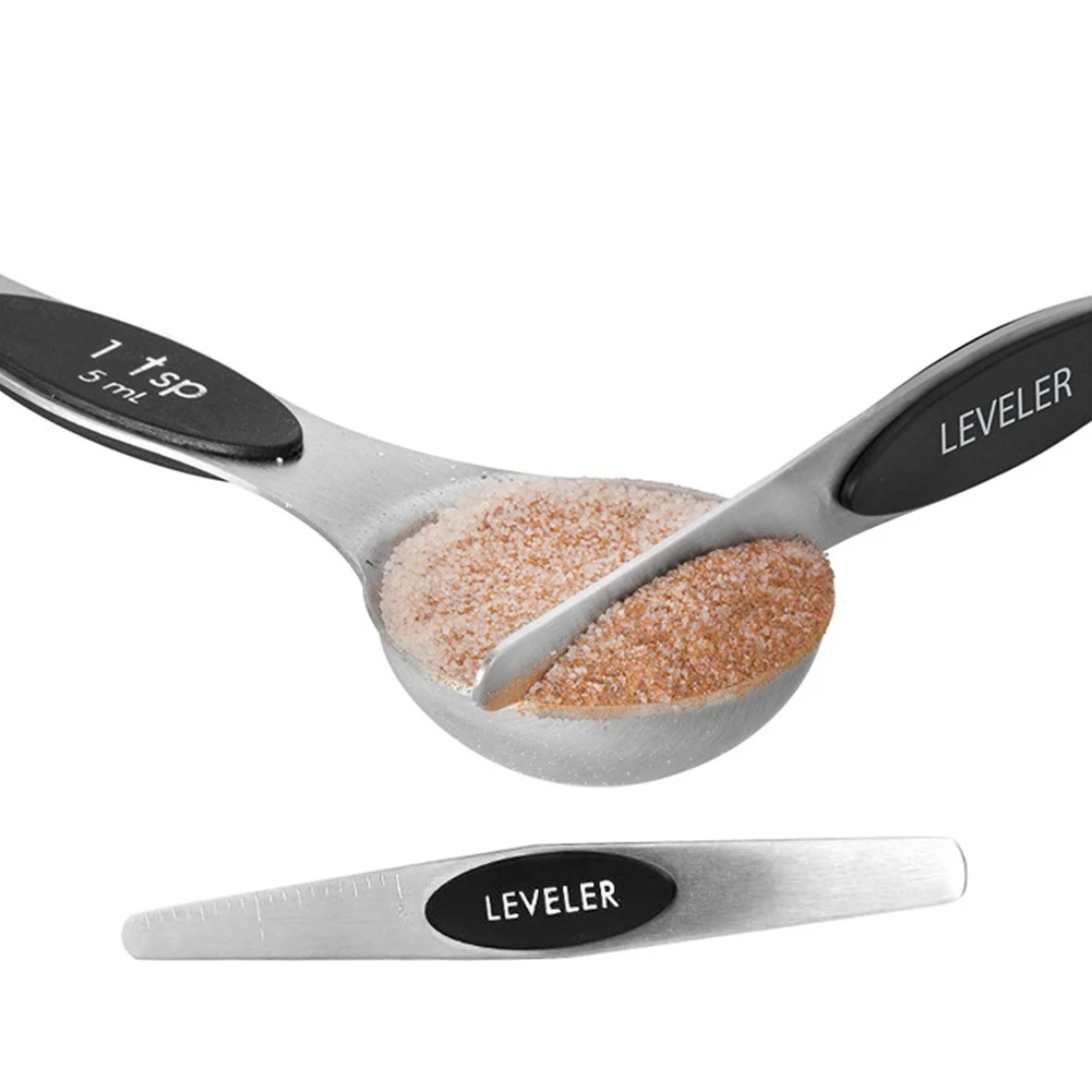 

8pcs Non Toxic Tools Measuring Spoons Set Rustproof Kitchen Magnetic Dual Sided With Scraper Home Smooth Stainless Steel