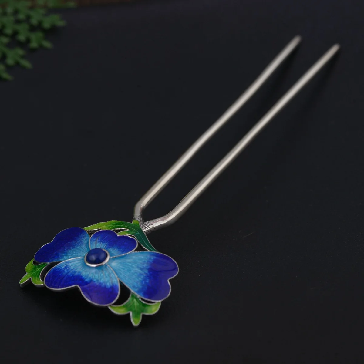 

Cloisonne Thai Silver Hair Stick Enamel Silver Chinese Hairpin 2-prong Peony Flower Hair Fork Jewelry Wedding 100x32mm WIGO1301