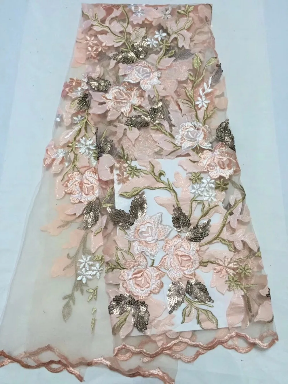 

High - end fashion France's peach gold floral decoration with 3D sequins, high quality French lace fabrics.Nigerian wedding lace
