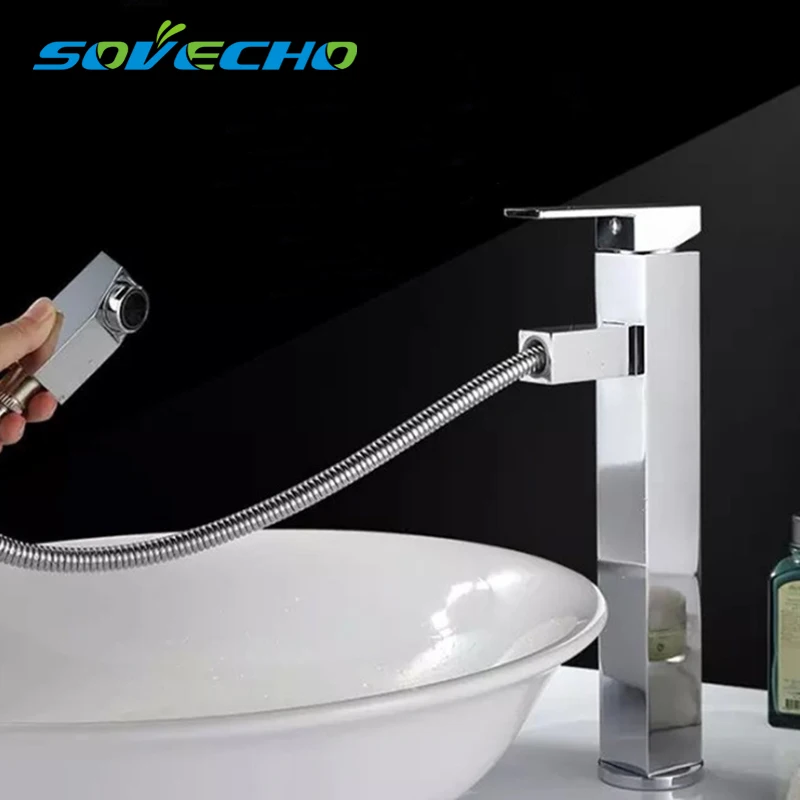 

Copper pull type cold hot water Faucet basin stretching basin shrinking stage basin bathroom cabinet square leading Shampoo