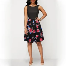 New retro European and American style rose print round neck sleeveless dress female fashion mature temperament dress O559 stylish sleeveless round neck rose print dress for girls