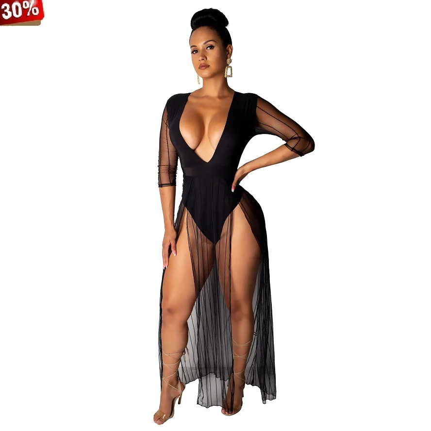 

Mesh Beach Jumpsuit Women Summer Deep V-neck Patchwork High Split Sexy Romper Party Club Night Jump Suit Vestidos