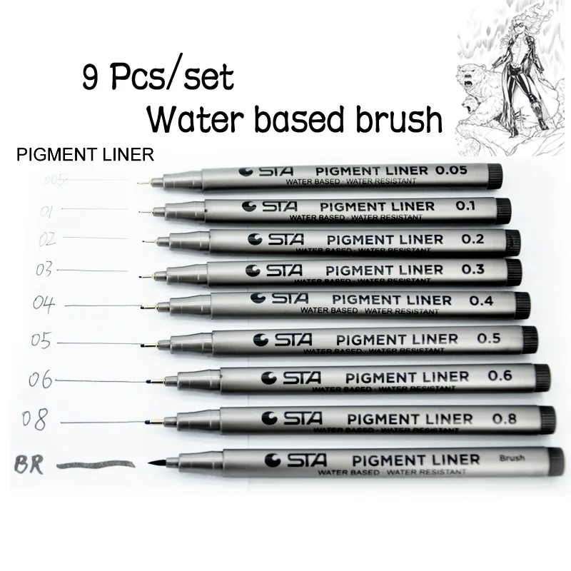 9 pcs Lot Water resistant pigment liner Water based gel pen brush for painting drawing cartoon Art