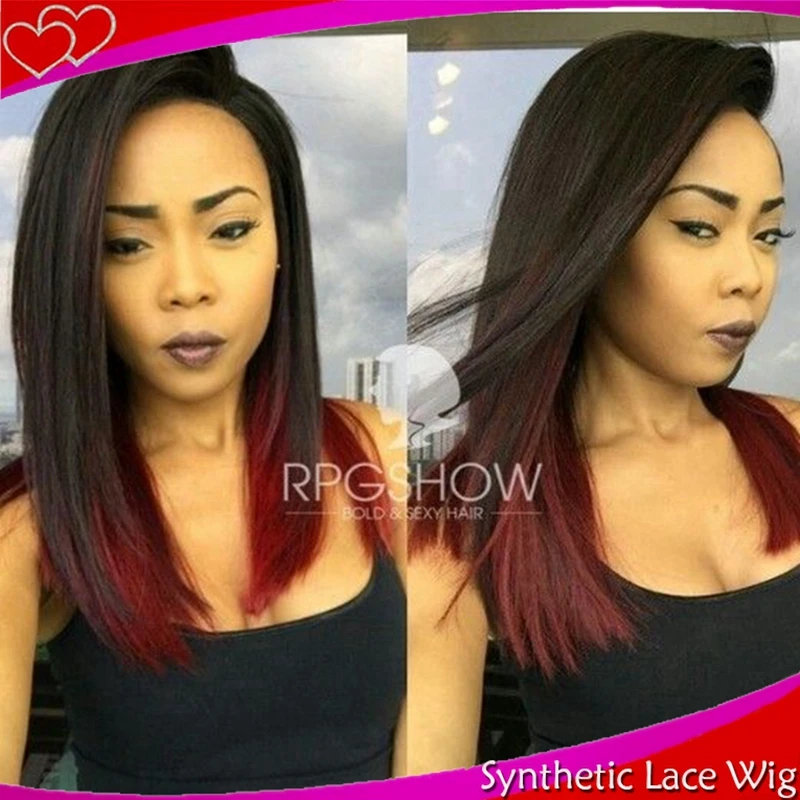 Fashion Ombre Dark Red Straight Long Bob Synthetic Lace