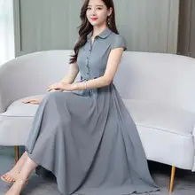 Высокое качество, плюс размер, M-4XL, лето, Новое поступление, отложной воротник, короткий рукав, сплошной цвет, женское шифоновое длинное платье