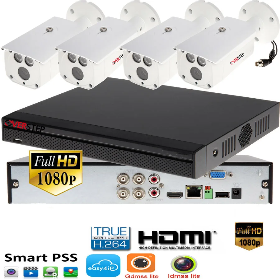 XVR5104HS-S3 4ch cvi-камера безопасности Системы включают 4 шт. 2MP 1080 P Водонепроницаемый HDCVI ИК Пуля Камера HAC-HFW1200D PSS поддержка