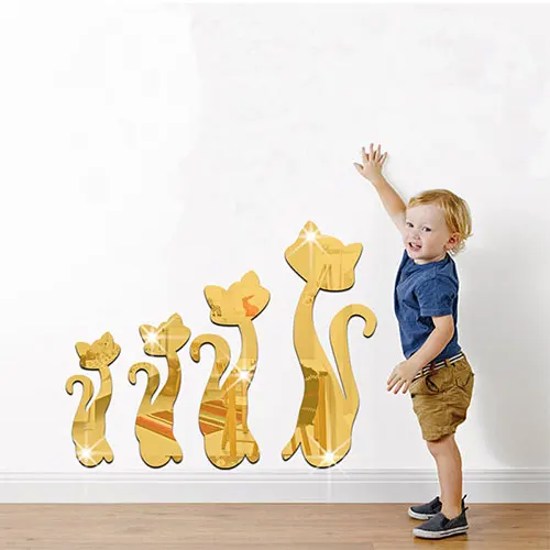 4 шт./компл. съемный с симпатичными кошками, зеркальные настенные наклейки для домашнего декора, 3D Наклейка на стену Art Наклейки для Гостиная Ванная комната украшения