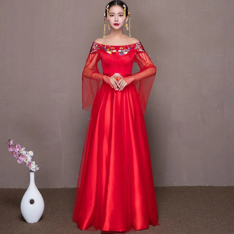 Феникс Свадьба Qipao длинное зимнее свадебное платье с разрезами по бокам и воротником-стойкой модное китайское традиционное платье красная вышивка традиционная Шинуа