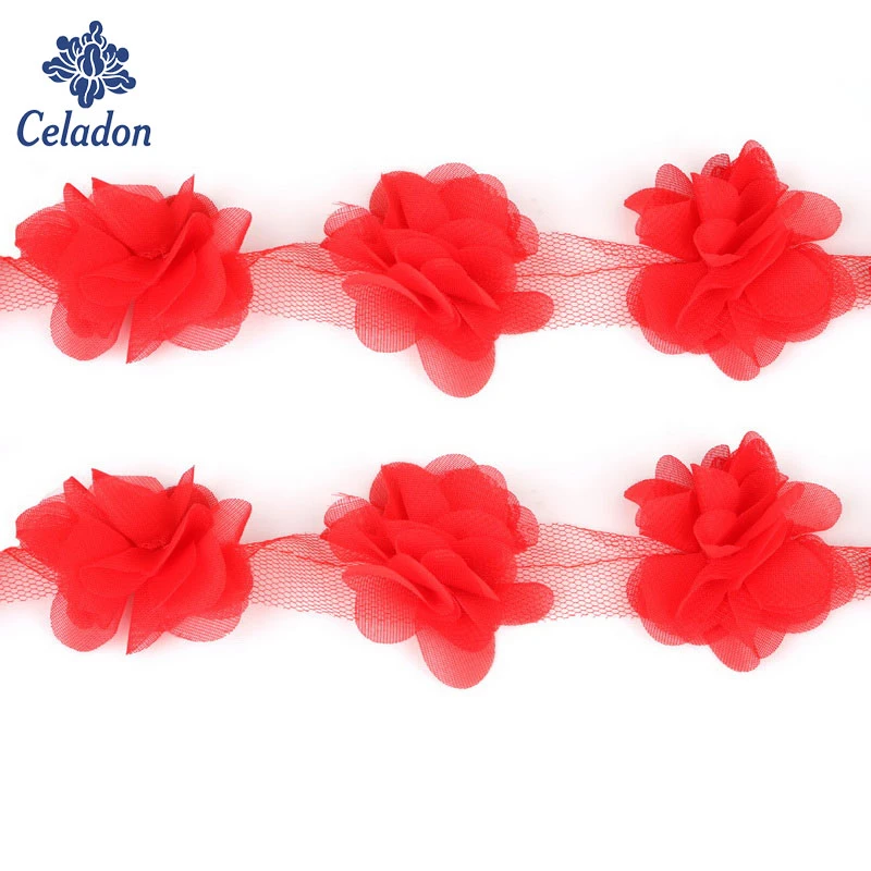 2 Yards Flowers 3D Chiffon Flowers Lace Decoration Dress Applique Sewing
