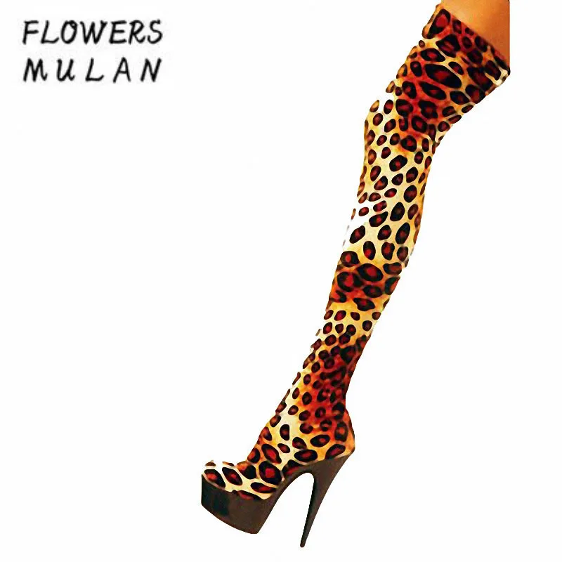 

Fashion T Show Long Boots Women Over The Knee Leopard Stretch Fabric Sock Boots 15CM Platform Sexy Nightclub Party Botas Woman