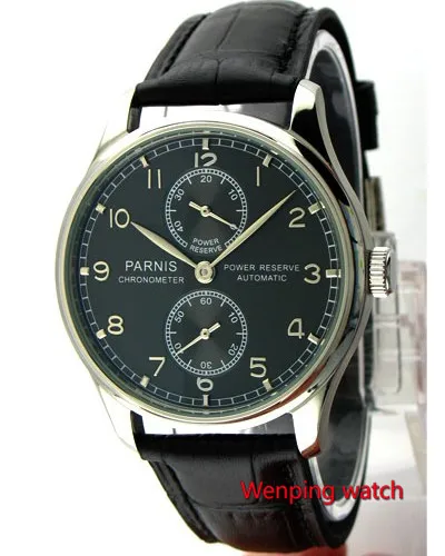 43 мм, Parnis, серебристый, белый циферблат, запас хода, люксовый бренд, натуральная кожа, застежка, автоматический механизм, мужские часы W117 - Цвет: Black dial