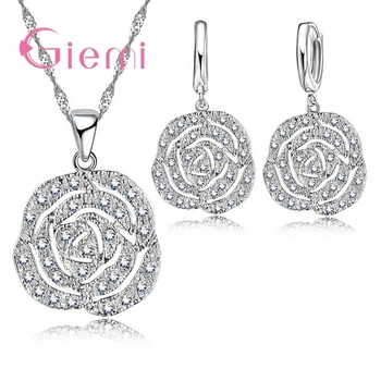 

Rose Shape Crystal 925 Sterling Silver Jewelry Sets Pretty Wedding Engagement Accessories Pendant Necklace Hoop Earrings