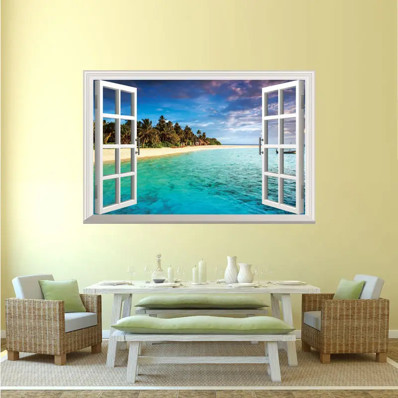 Natuur thema 3D Venster Tropische Oceaan Strand Muursticker art ... Natuur thema 3D Venster Tropische Oceaan Strand Muursticker art ...