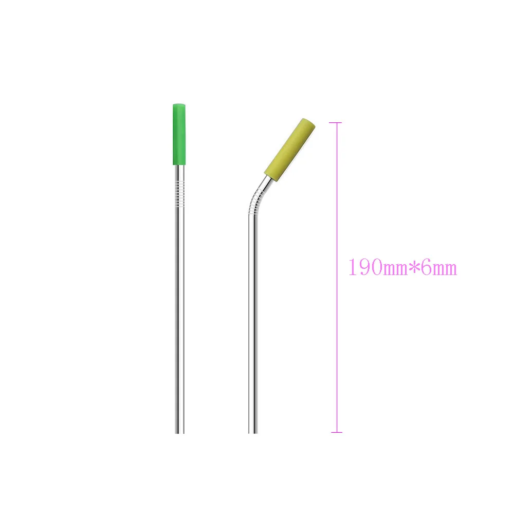 2 шт многоразовая металлическая соломинка для питья Серебряная прямая изогнутая 304 нержавеющая сталь с силиконовым покрытием с 1 щеткой для чистки и 1 пакетом