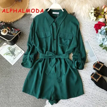 

ALPHALMODA 2019 Autumn Women Single Breasted Long-sleeved Playsuit Flip Pocket High Waist Sashes Ladies Casual Solid Rompers