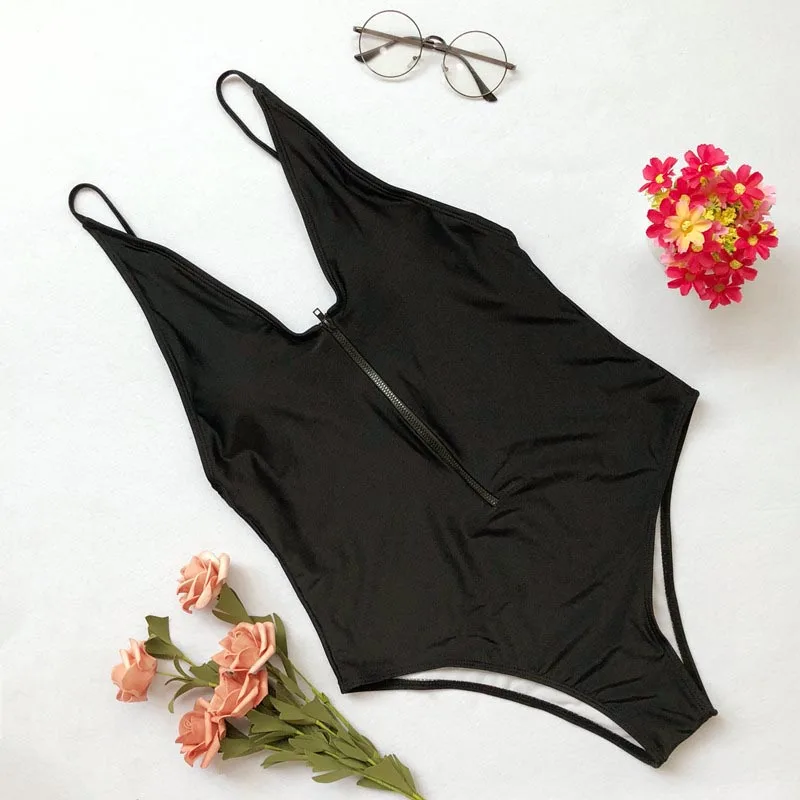 Zipper Swimsuits One Piece Yellow Red Swimwear 2018 Summer Bathing