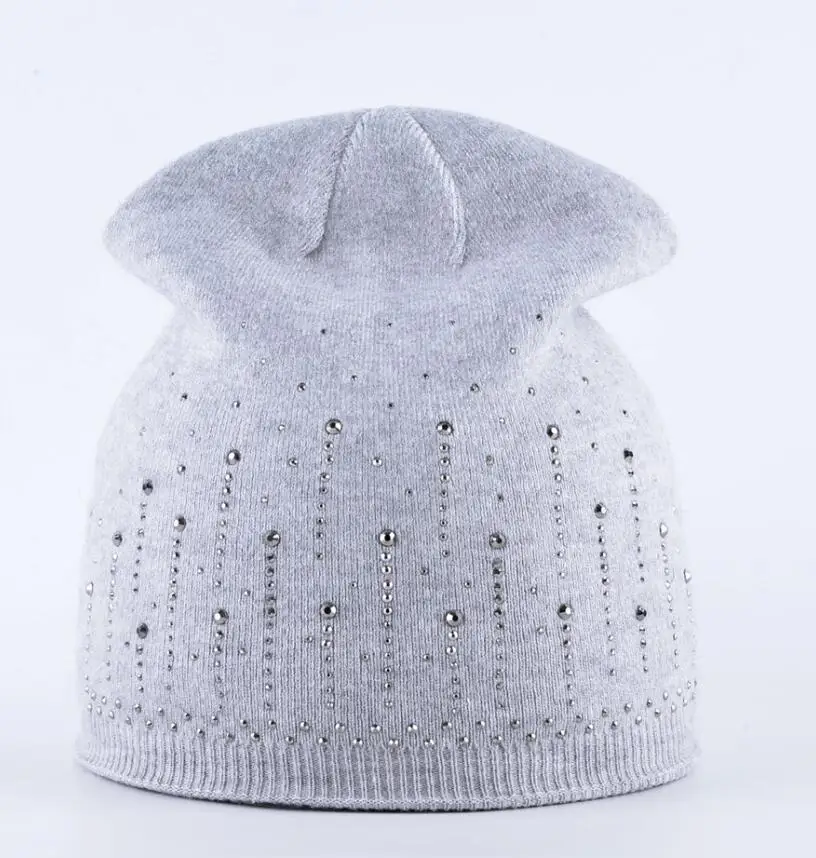 Шапки женские зимние шапочки шапка осень и зима вязаная шерсть кролика шапки со стразами шляпа для дам кепка - Цвет: Gray1