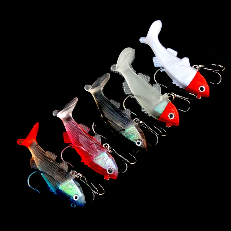 

Lead Head Fishing Lures 5pcs/set T Tail Jig Head Shad Soft Bait Luminous Jerkbait Artificial Swimbait with Treble Hook