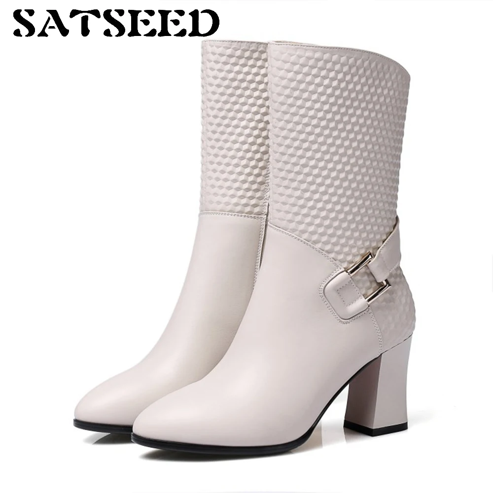 

Shoes 2018 Winter Boot Genuine Leather High Heel Boots Zipper Shoes White Woman Winter Short Boots Pointed Toe Dress Shoes New