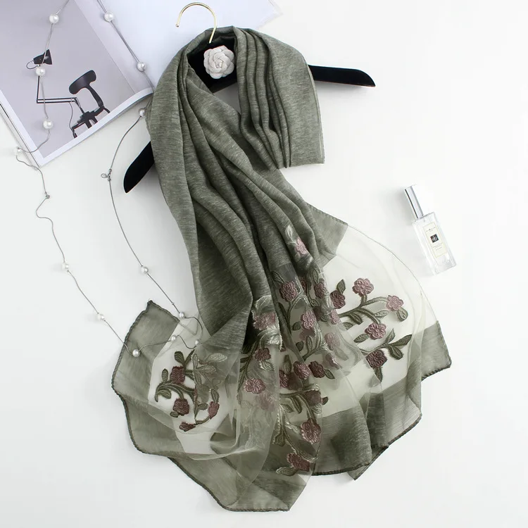 Sparsil весенний женский имитирующий шелковый длинный шарф модная вышивка органза обертывания поддельный шелковый шарф мусульманский платок 70 см X 200 см - Цвет: Army Green