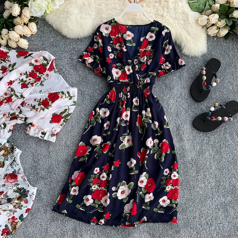 

2019 new fashion women's Dress Summer Chiffon dresses Print V-neck Short Sleeve Waist Thin Seaside Resort