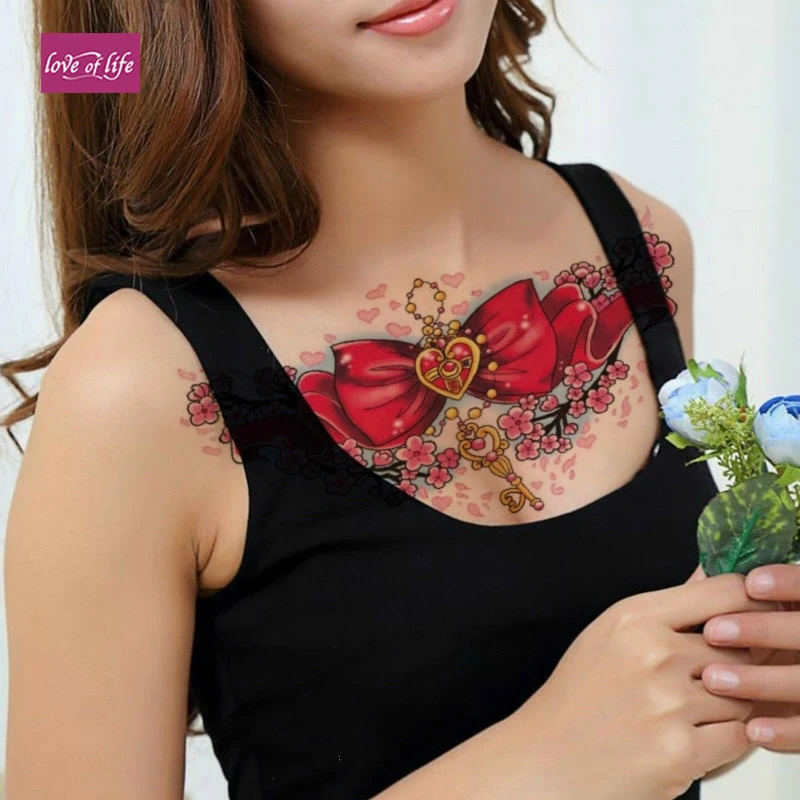 

REALISTIC TEMPORARY TATTOO - BIG RED BOW, HEART, DAISIES - WOMENS, KIDS FAKE