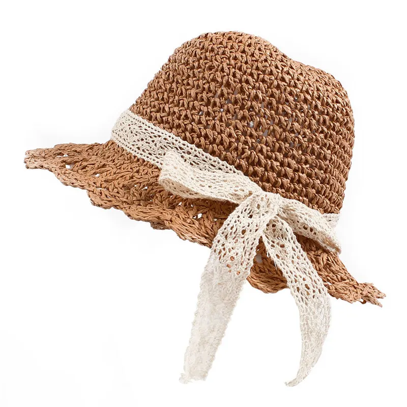 Bow Baby Girl Straw Sun Hat Hollow Breathable Cool Fedora Cap for Princess Sunshade Summer Beach with Wide Brim Sweat Band and Chinstrap (2)