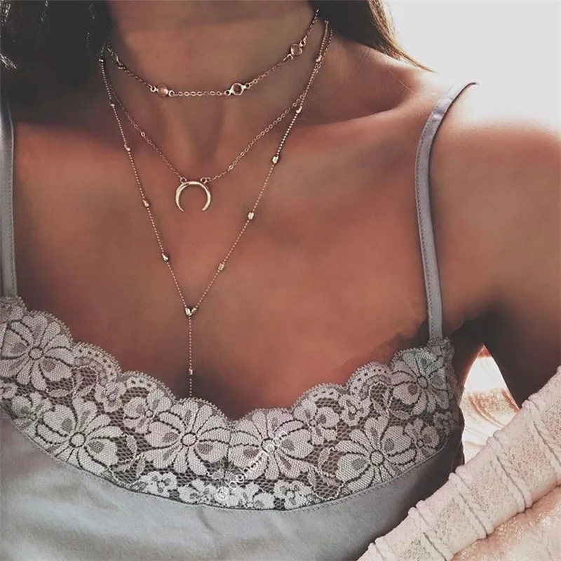 

17MILE Bohemian Long Pendant Necklaces For Women Moon Beads Vintage Gold Color Choker Multilayer Necklace Statement 2018 Jewelry