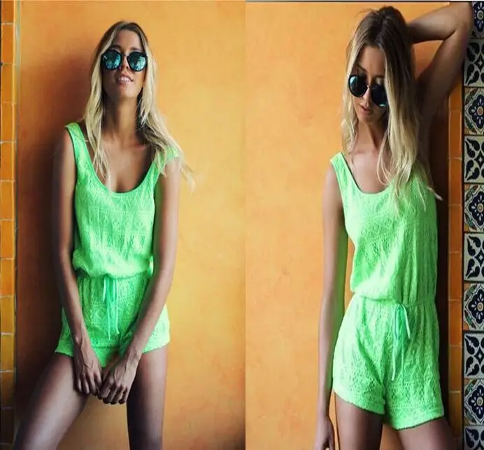 Sexy vest jumpsuits fluorescent green hollow out bind jumpsuits jumpsuits leisure cultivate one's morality