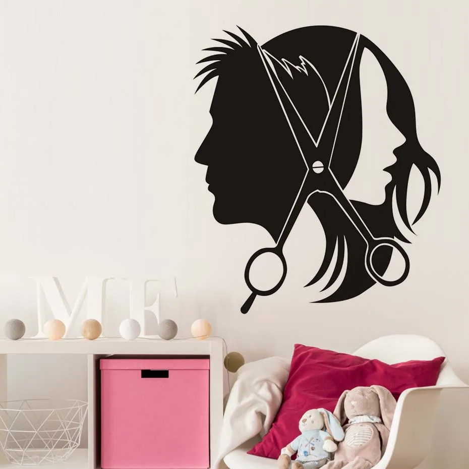 Haar Salon Wand Aufkleber Vinyl Aufkleber Schöne y Mädchen Mann Friseur Schere Aufkleber Für Barber Shop Wand Decals Decor Wandbild in Haar Salon Wand