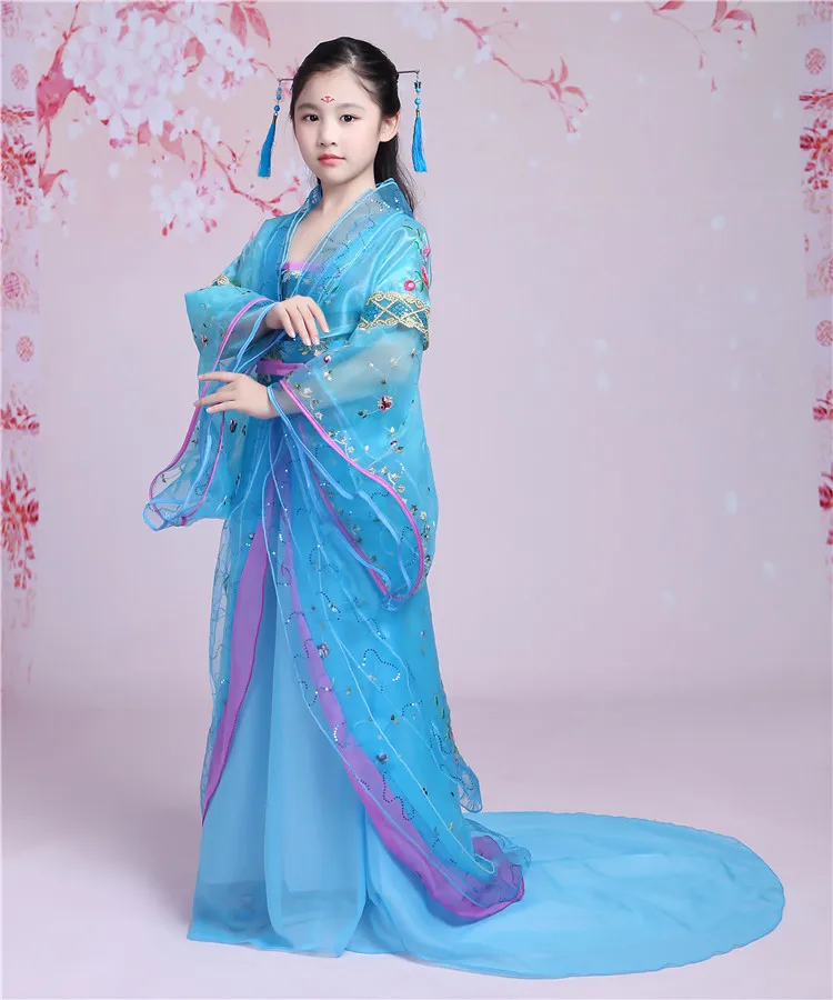 Новая детская Китайская народная Танцевальный костюм hanfu девочки Феи Костюм Танг платье принцессы-Феи Костюм Guzheng
