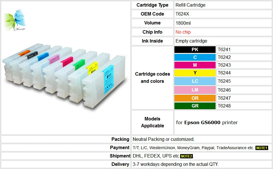 Winnerjet 1800 мл пустой Заправляемый картридж для Epson GS6000 многоразовый картридж без чипа