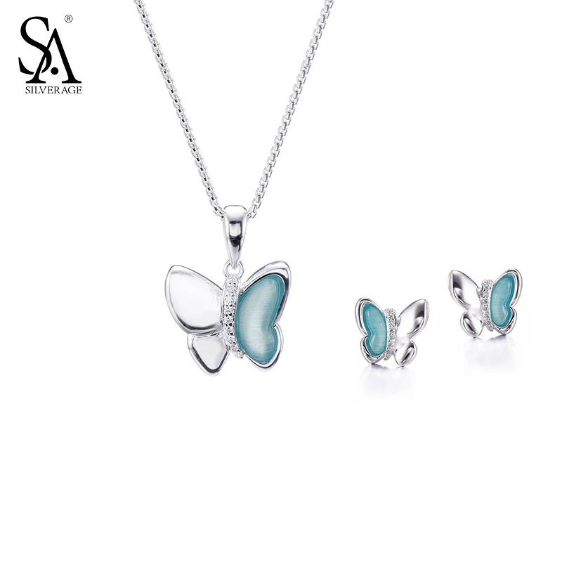 

SILVERAGE hot Real Sterling Silver Jewelry Sets Necklaces Pendant Stud Earrings For Women Blue Butterfly Fine Jewelry sets , 18