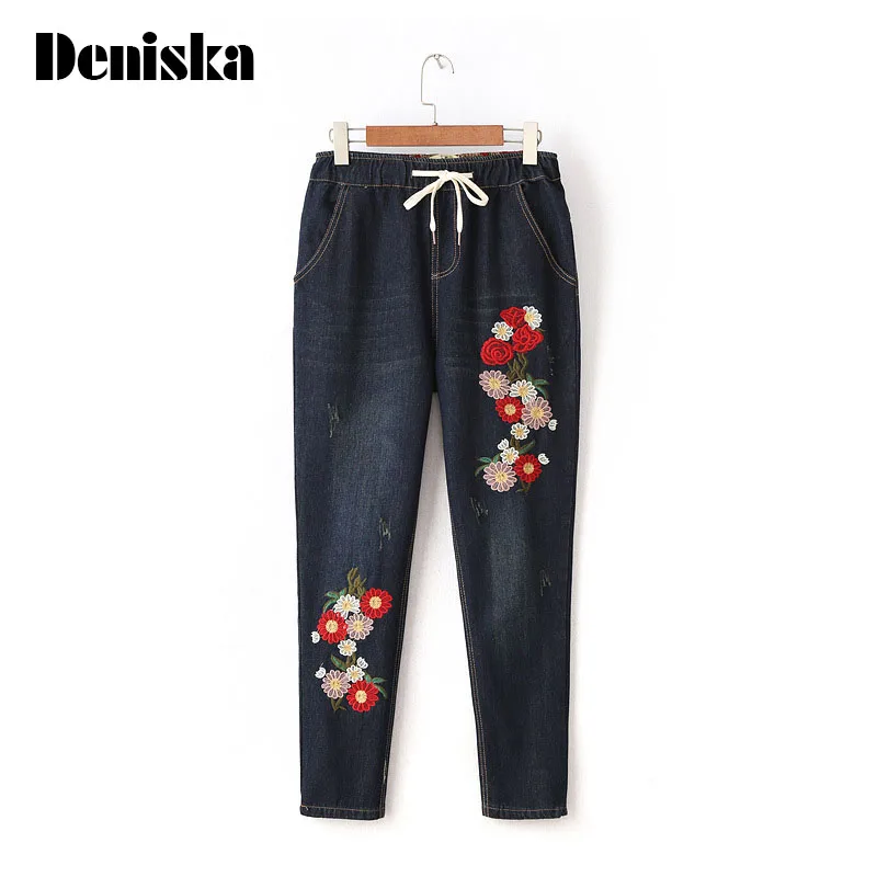 2017 new fashion women jeans high waist pants denim straight side embroidery flower printed black pant