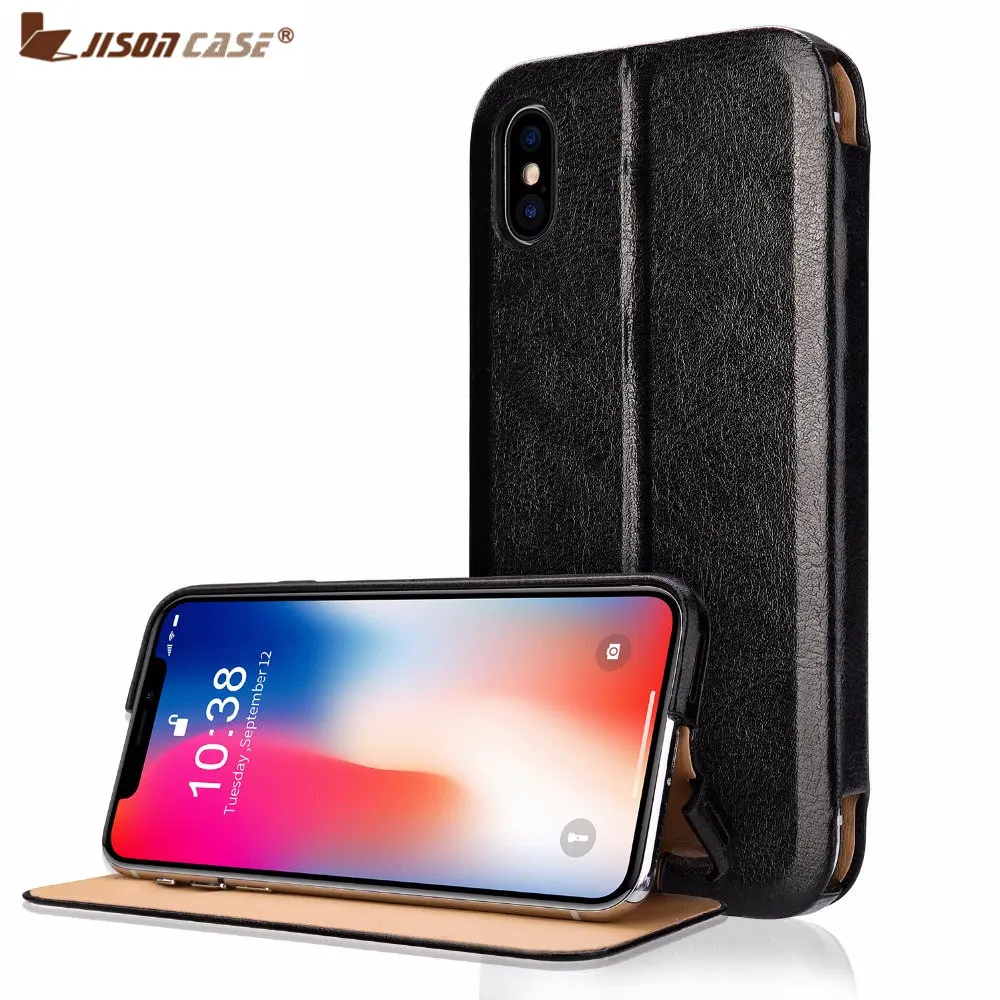 

Jisoncase Flip Mobile Phone Wallet Case For iPhone X 5.8" Leather Kickstand Cover With Card Cash Pocket Slot Anti-knock Funda