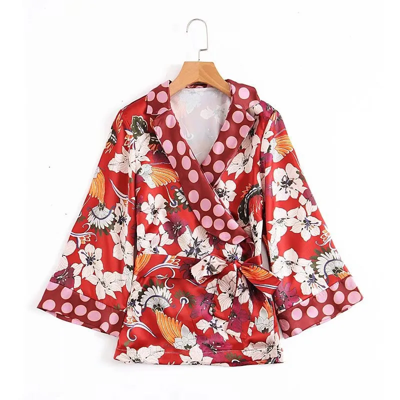 floral dot kimono blouse women blouses 2018 woman shirt flower kimonos with sashes batwing tops
