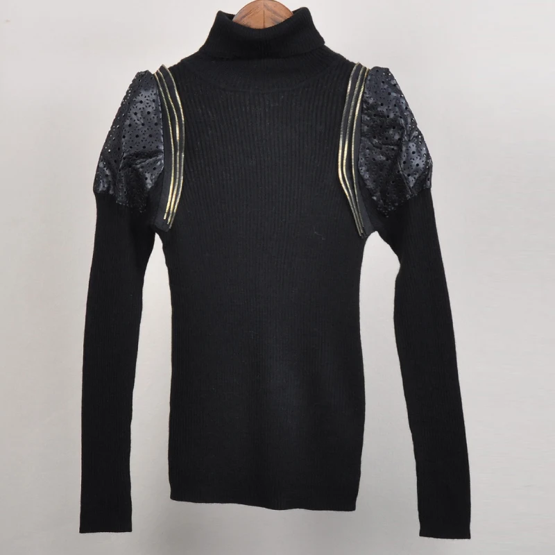 2018 Autumn Black Long Sleeve Women Slim Turtleneck Sweater PU Leather Shoulder Pure Color Office Lady Knitting Pullovers FSJQ47 | Женская