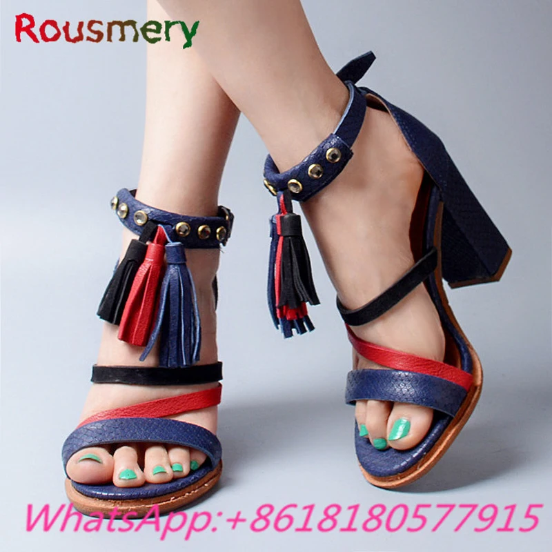 Fashion Mixed Colors Chunky High Heels Woman Sandals Summer Plus Size Fringe Cover Heel Zapatos Mujer Hot Sales Woman Shoes