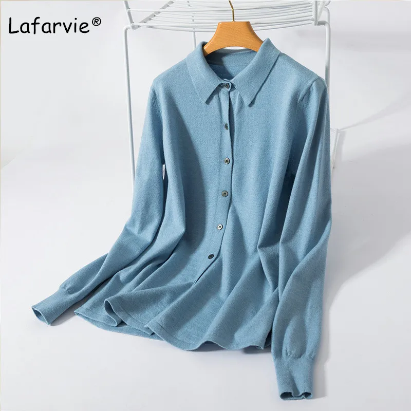 Lafarvie Spring Autumn Knitted Turn-down Collar Sweater Cardigan Women Tops Long Sleeve Knitting Jacket Female 6 Colors S-XXL