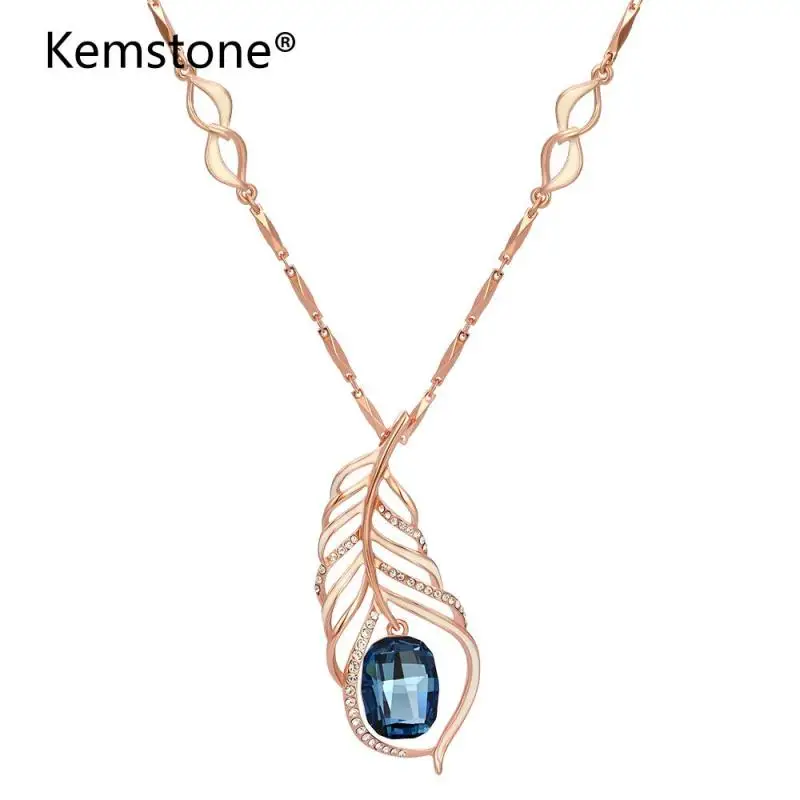 

Kemstone Rose Gold Color Blue Cubic Zirconia Crystal Gooster Feather Pendant Necklace For Women Jewelry,31.7