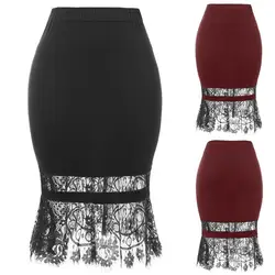 2019 Женская Однотонная юбка в пол винтажная кружевная юбка с завышенной талией однотонная кружевная трапециевидная длинная юбка faldas