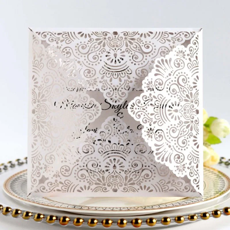 

5pcs/lot Square Wedding Invitations White/Pink/Navy blue Laser Cut Wedding Invitation Card Wedding Party Decoration