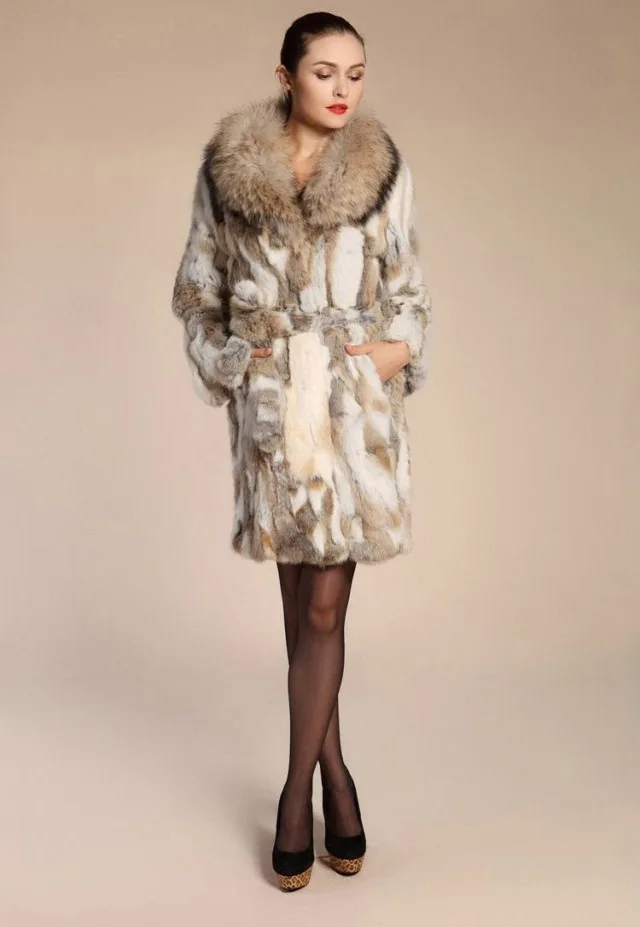 Настоящая шуба из натурального кролика с воротником из меха енота Женская модная меховая куртка с поясом Женская верхняя одежда