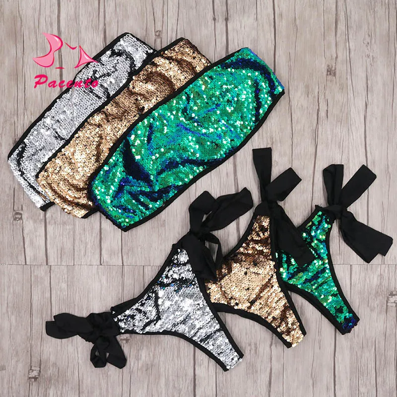 Shiny Two Piece Bikini 2017 Bandeau Brazilian Swimwear Female Sexy Bathing Suit Women Sequins Swimsuit Thong Swiming Suit Plavky